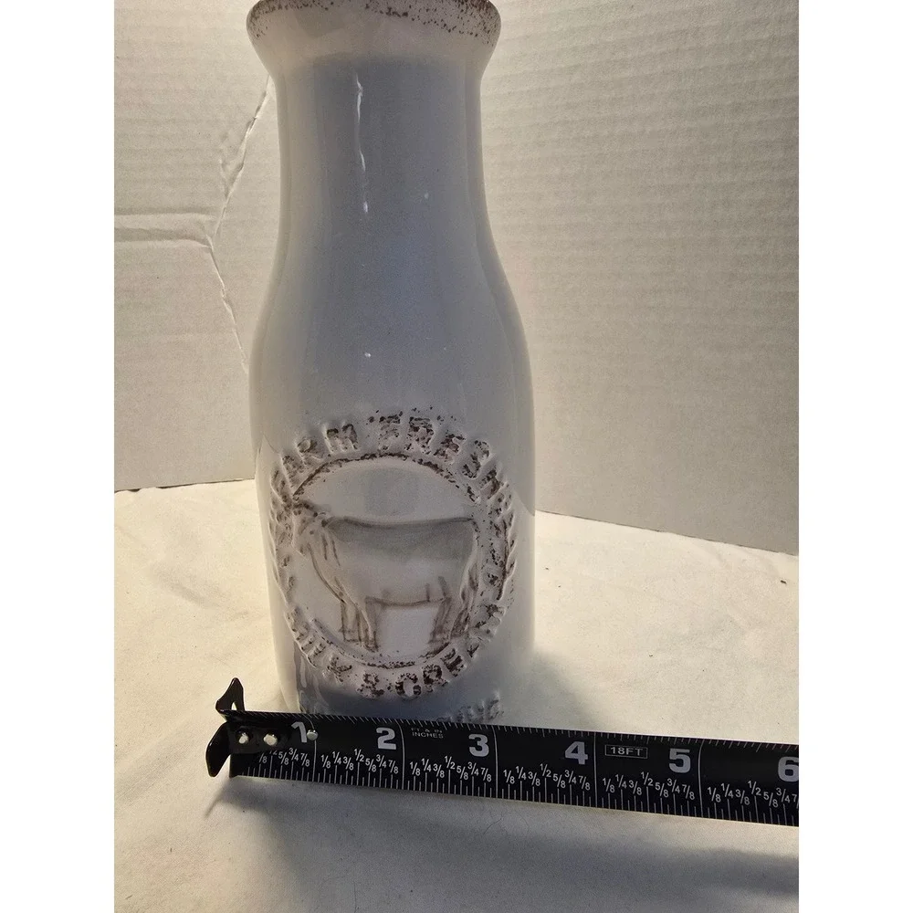 Farm Fresh Milk & Cream Ceramic Cow Milk Bottle Vase White Distressed 8.5